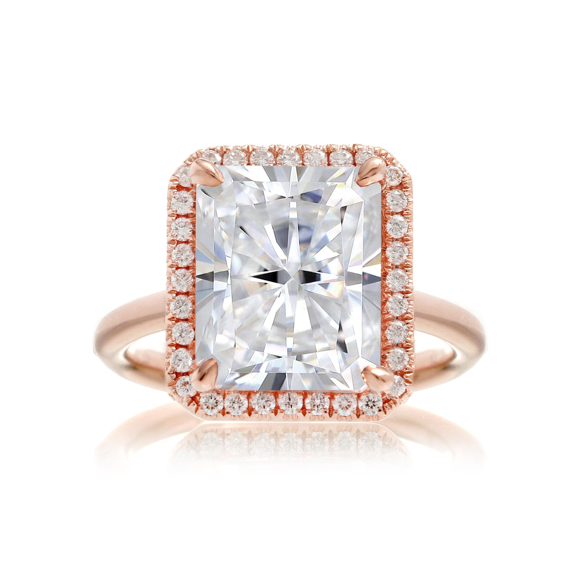 Radiant cut moissanite engagement ring with diamond halo the Drenched rose gold solid band