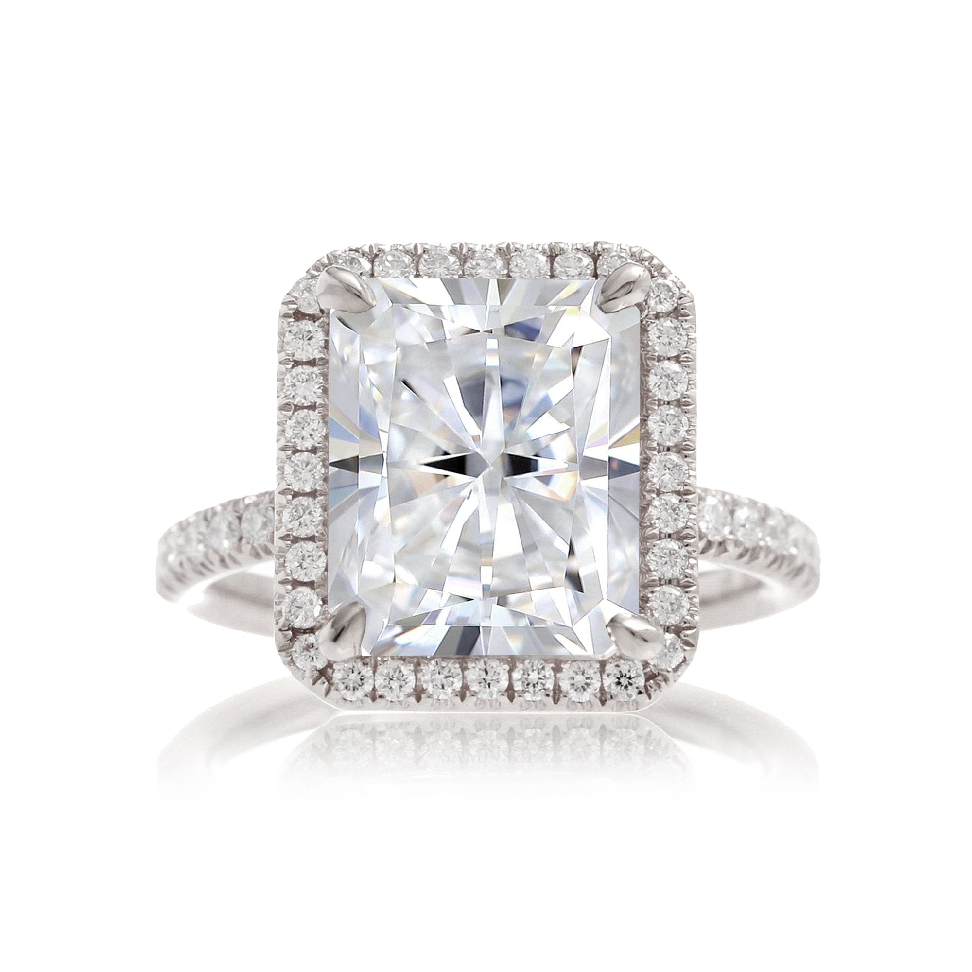 Radiant cut moissanite engagement ring with diamond halo the Drenched white gold