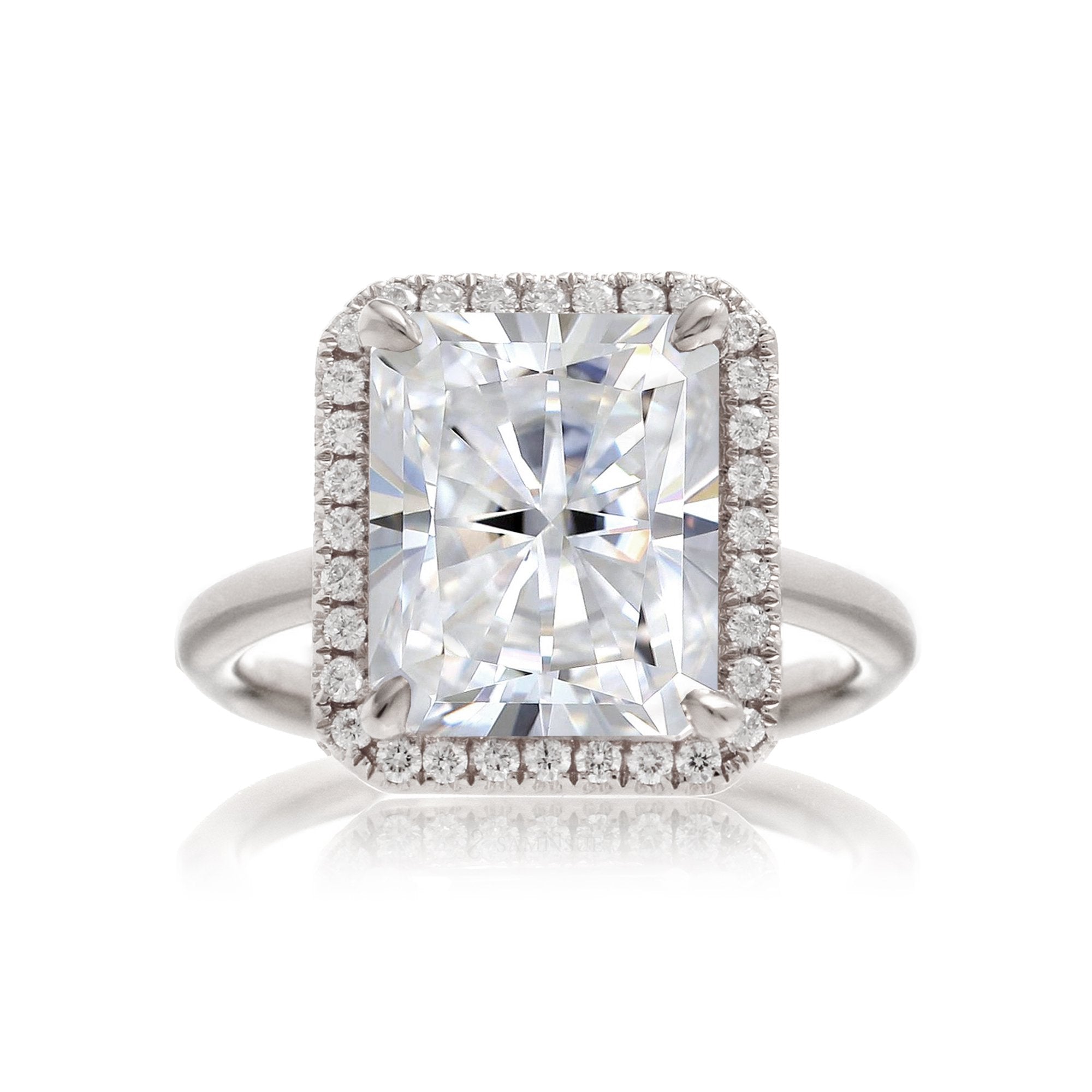 Radiant cut moissanite engagement ring with diamond halo the Drenched white gold solid band