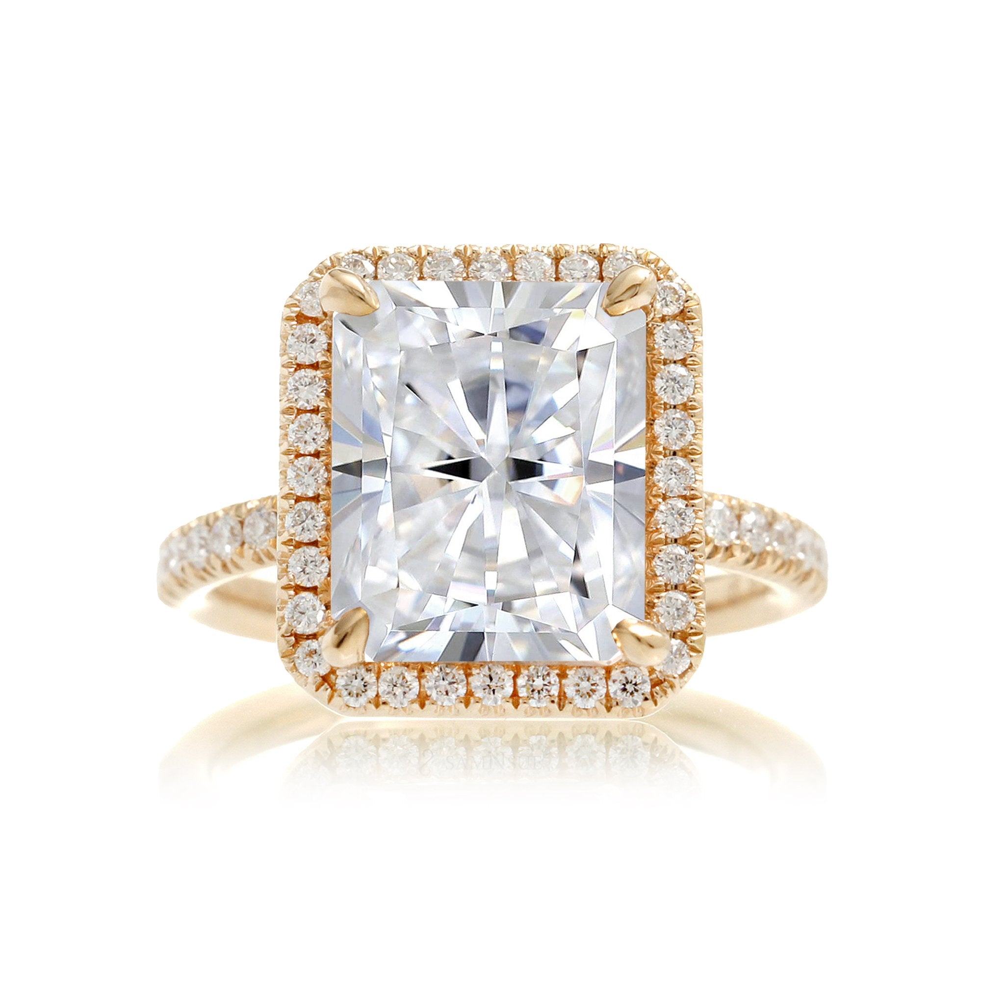 Radiant cut moissanite engagement ring with diamond halo the Drenched yellow gold