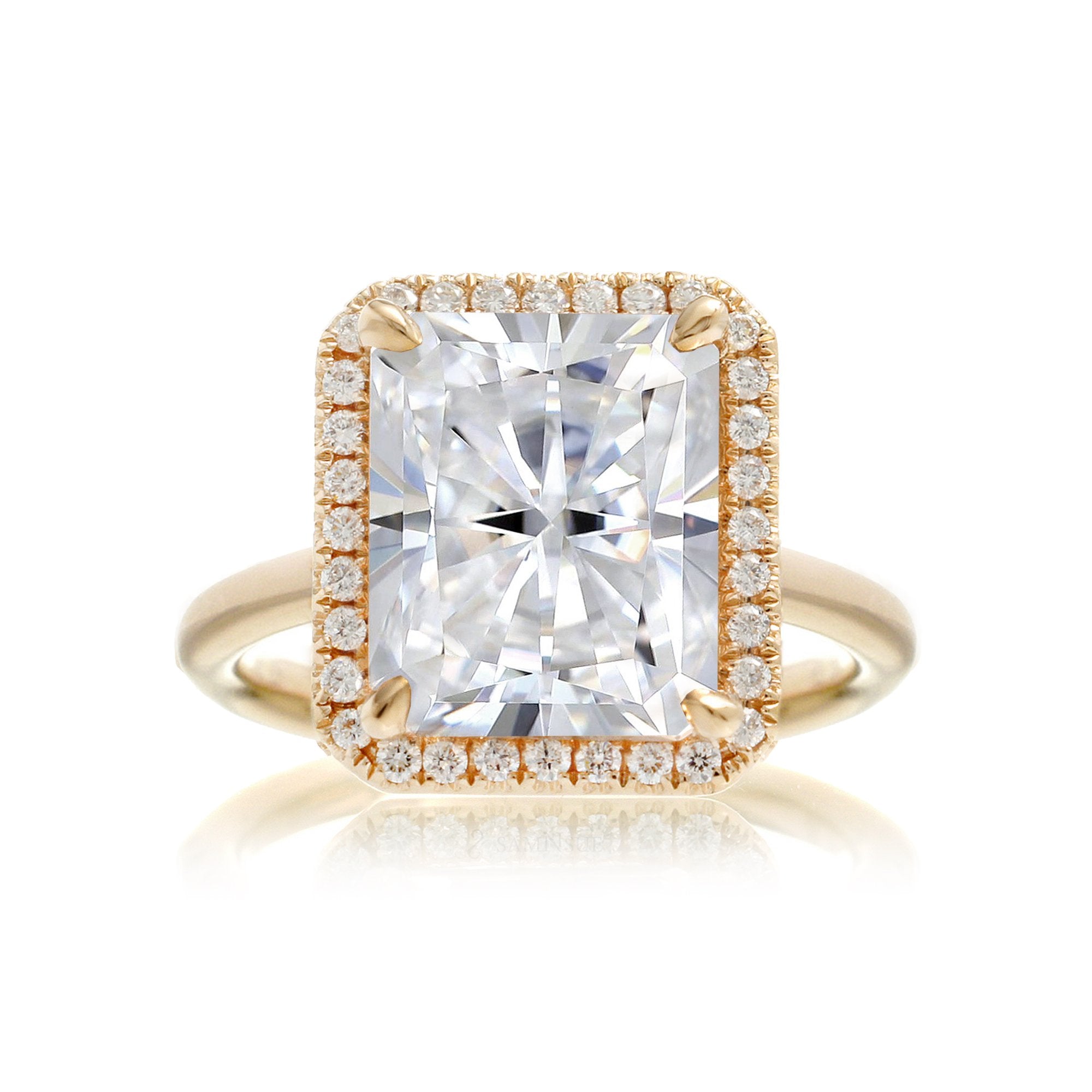 Radiant cut moissanite engagement ring with diamond halo the Drenched yellow gold solid band