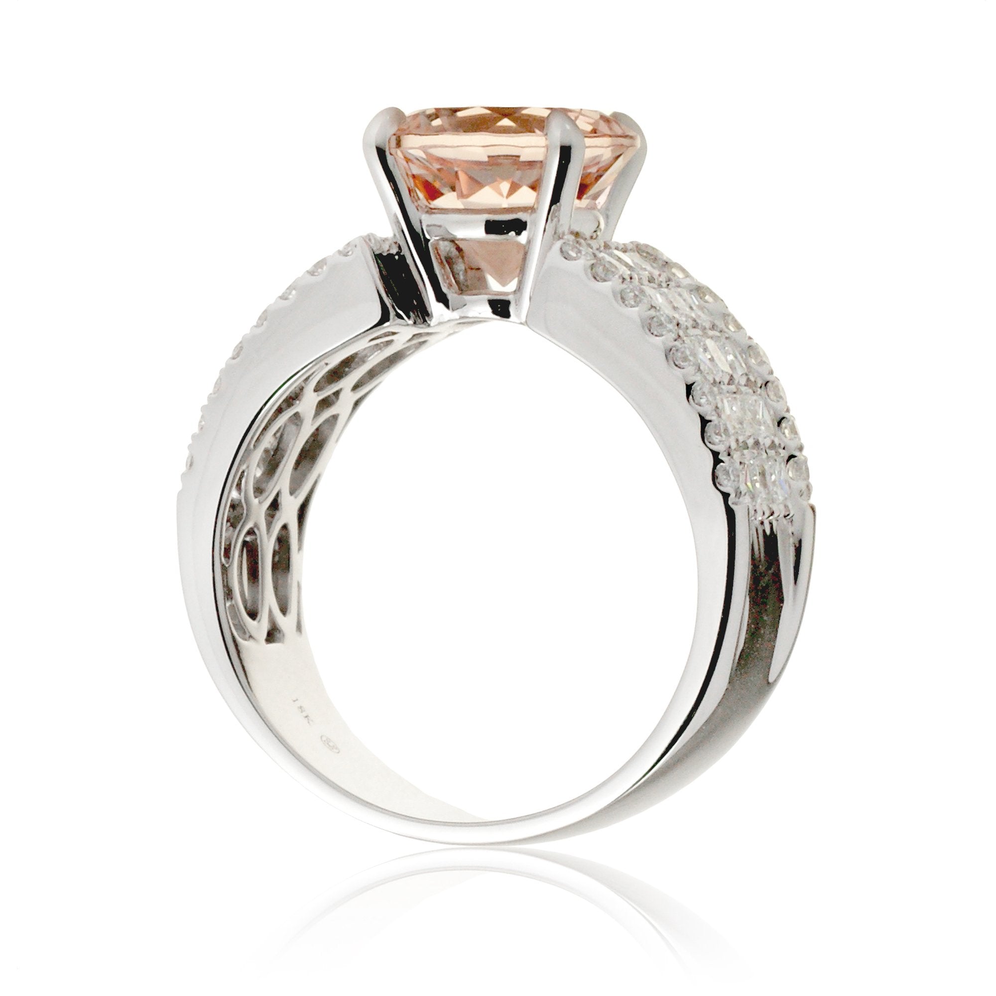 Round morganite anniversary ring in white gold wide band