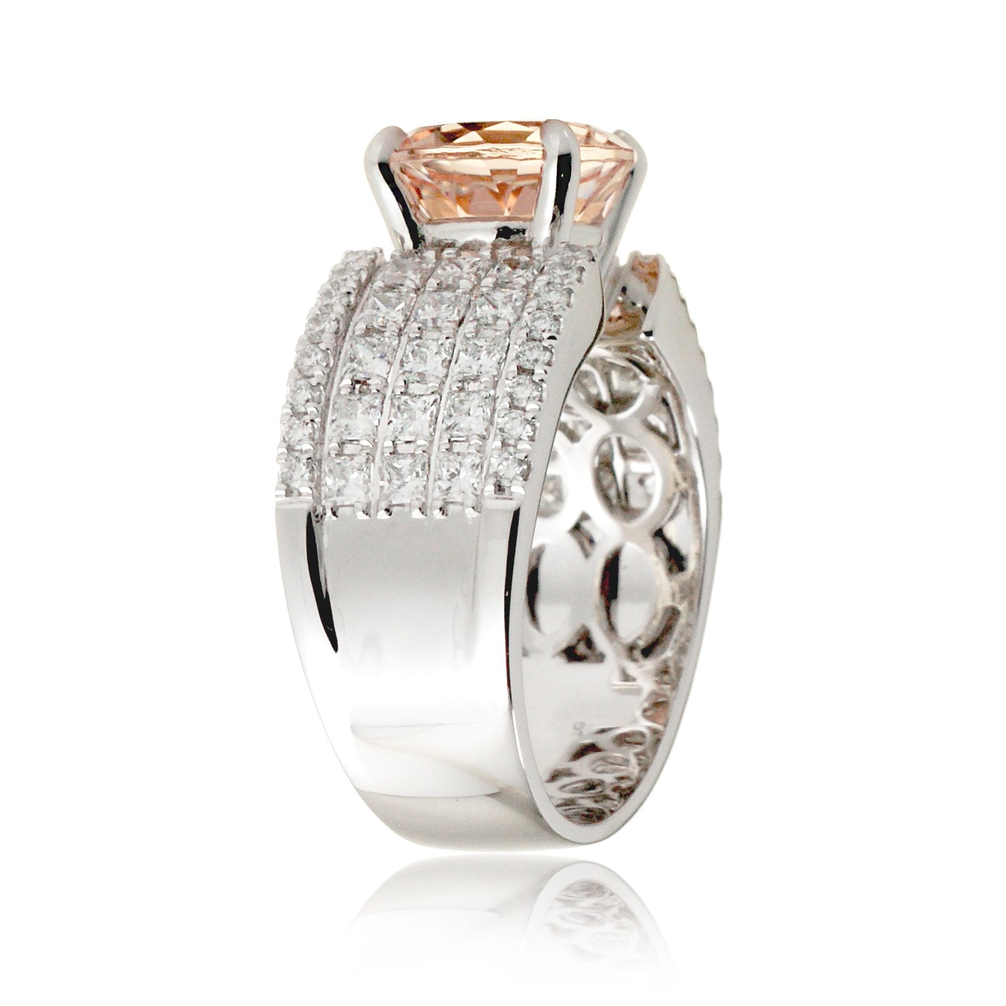 Round morganite anniversary ring in white gold wide band