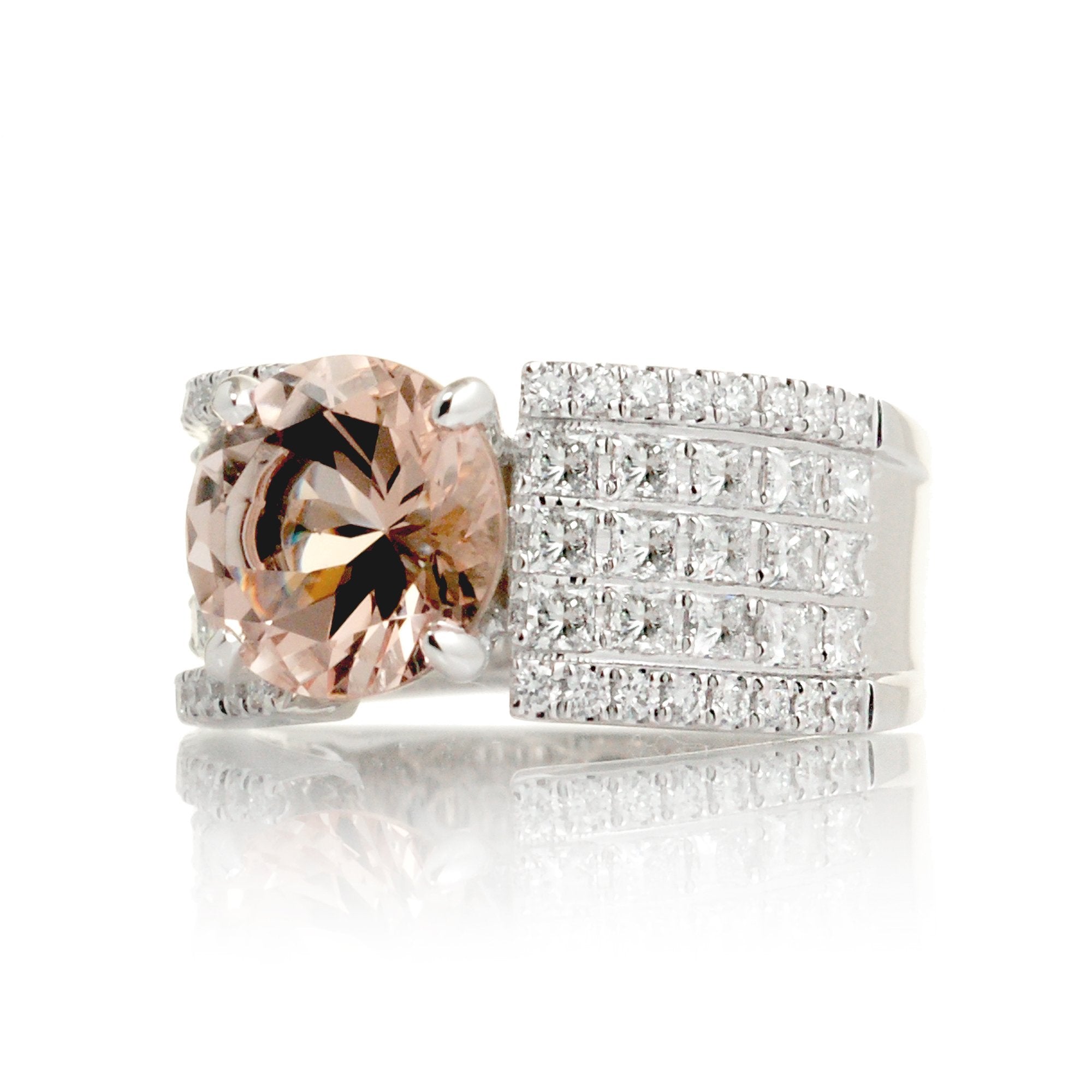 Round morganite anniversary ring in white gold wide band