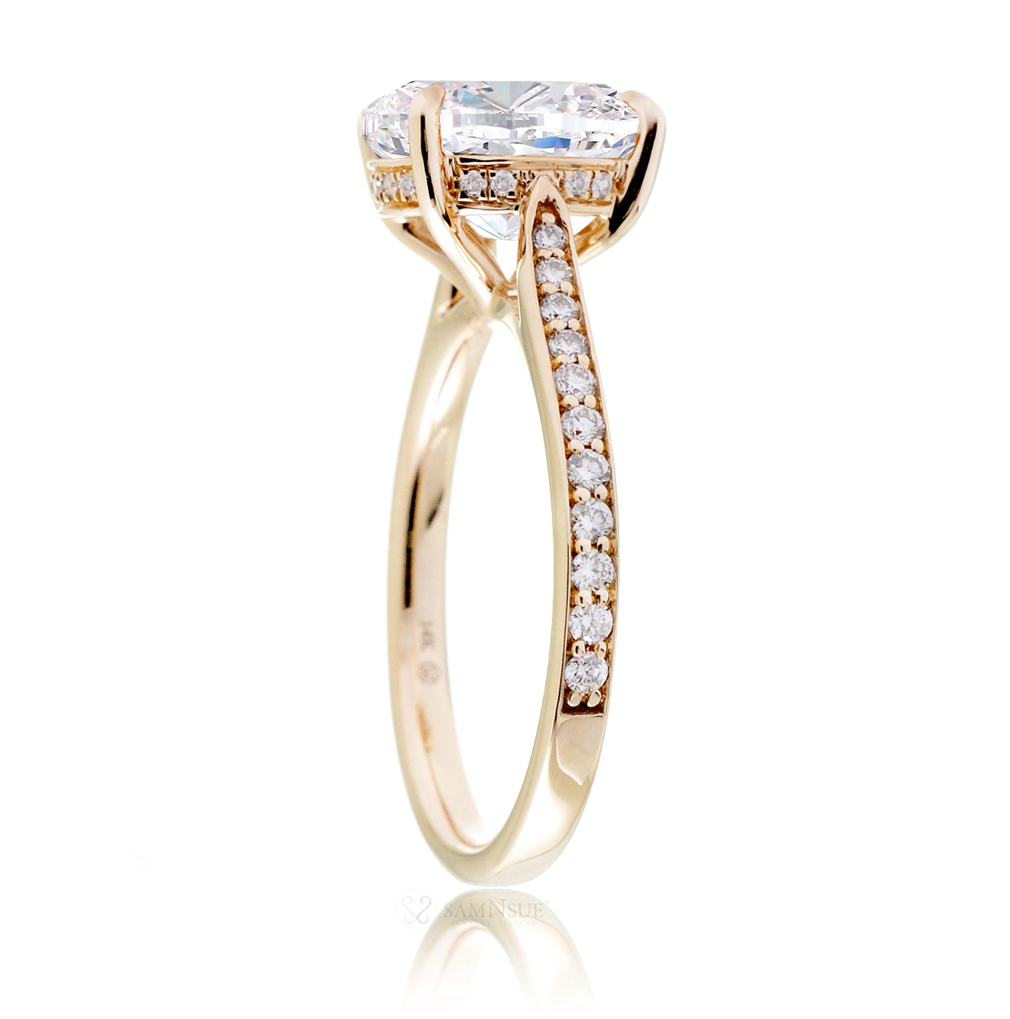 Solitaire moissanite engagement ring with a diamond band and hidden halo - the Emily in yellow gold