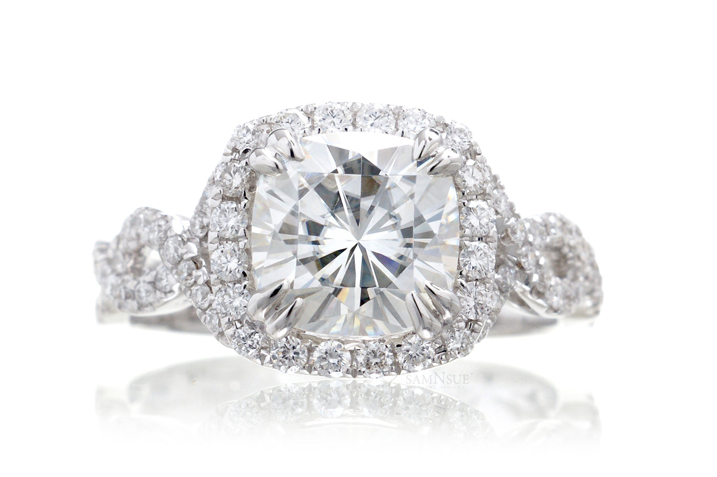 Radiant Moissanite ring double halo twist shank 9x7 forever brilliant